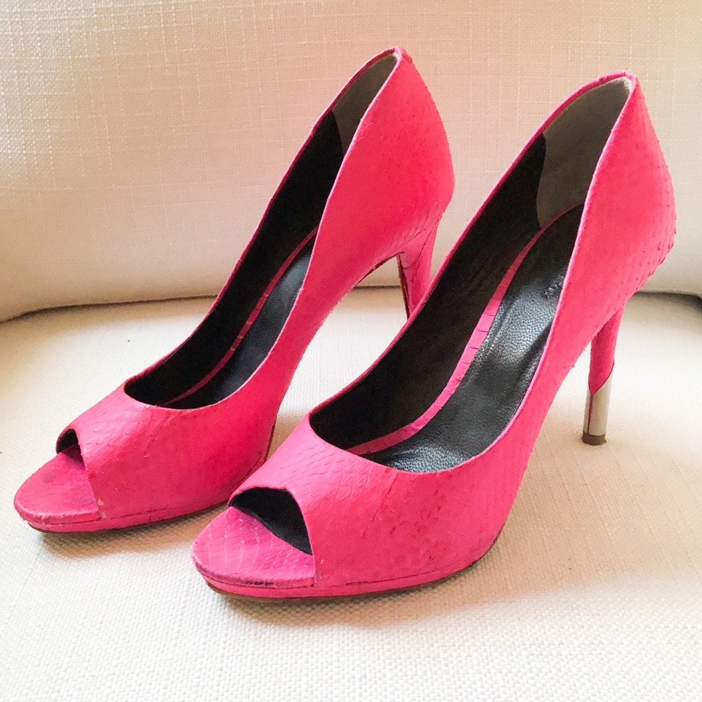 Rachel Roy Hot Pink Snakeskin Peep Toe Pumps